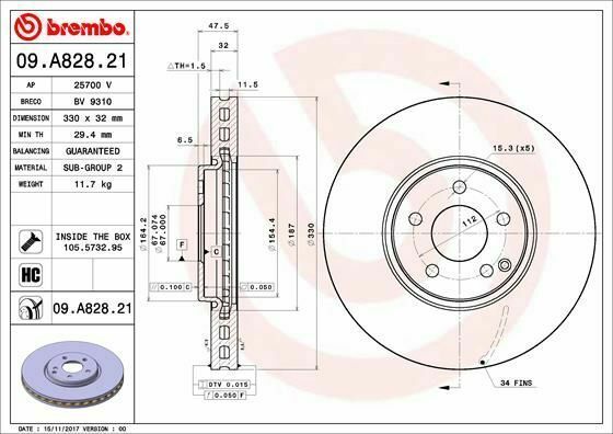 BREMBO 09.A828.21 Disque de frein Freins à disque (x2)